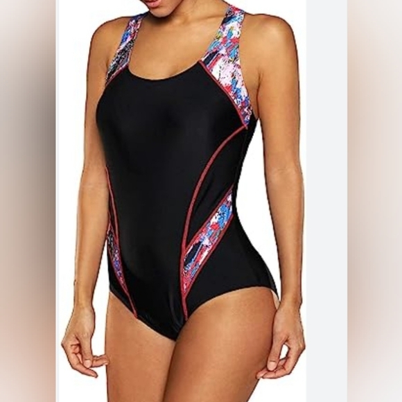Women's One Piece Sports Swimsuits Athletic Racer Back Color Black Size 3XL - Picture 2 of 9